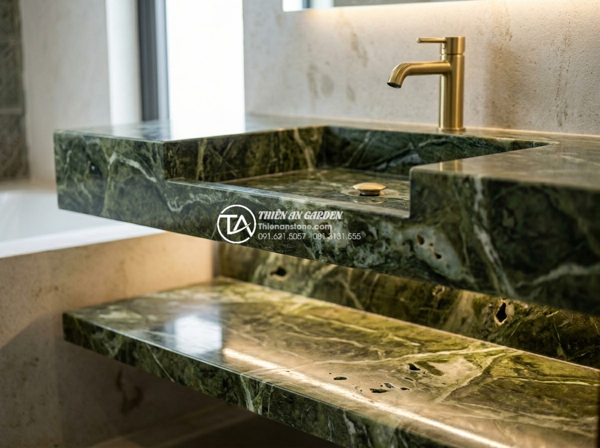 Bàn Đá Lavabo 2 Tầng: Giải Pháp Tối Ưu Diện Tích Và Thẩm Mỹ Cho Phòng Tắm - Close-up detailed image of an elegant two-tier stone lavabo vanity made from pre