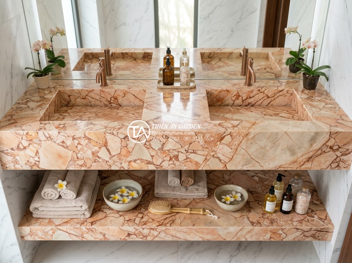 Bàn Đá Lavabo 2 Tầng: Giải Pháp Tối Ưu Diện Tích Và Thẩm Mỹ Cho Phòng Tắm - Stunning overhead view of a custom two-tier natural stone bathroom sink vanity c