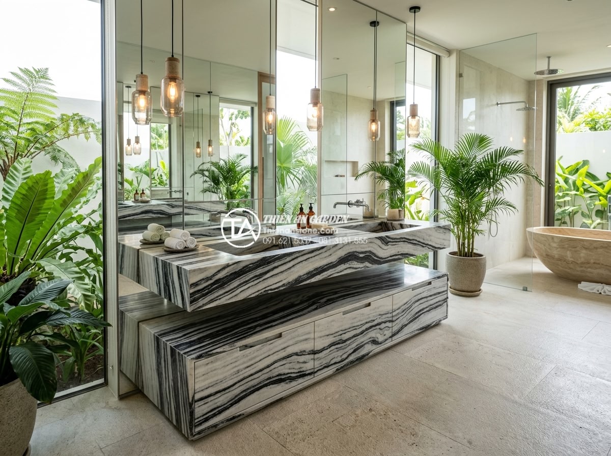 Bàn Đá Lavabo 2 Tầng: Giải Pháp Tối Ưu Diện Tích Và Thẩm Mỹ Cho Phòng Tắm - Wide angle photograph of a freestanding two-tier stone lavabo vanity in a spacio