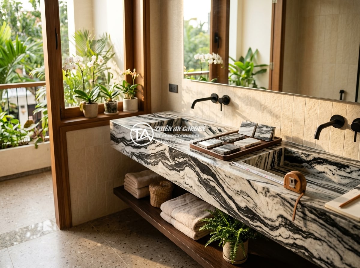 Bàn Đá Lavabo 2 Tầng: Giải Pháp Tối Ưu Diện Tích Và Thẩm Mỹ Cho Phòng Tắm - Realistic lifestyle photo showing a family choosing a two-tier natural stone lav