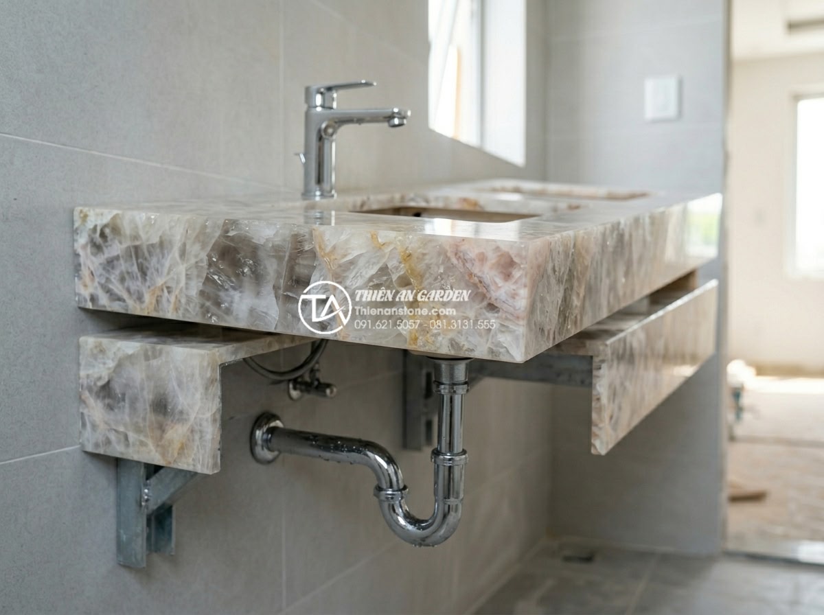 Bàn Đá Lavabo 2 Tầng: Giải Pháp Tối Ưu Diện Tích Và Thẩm Mỹ Cho Phòng Tắm - Step-by-step professional installation sequence of a two-tier stone bathroom van