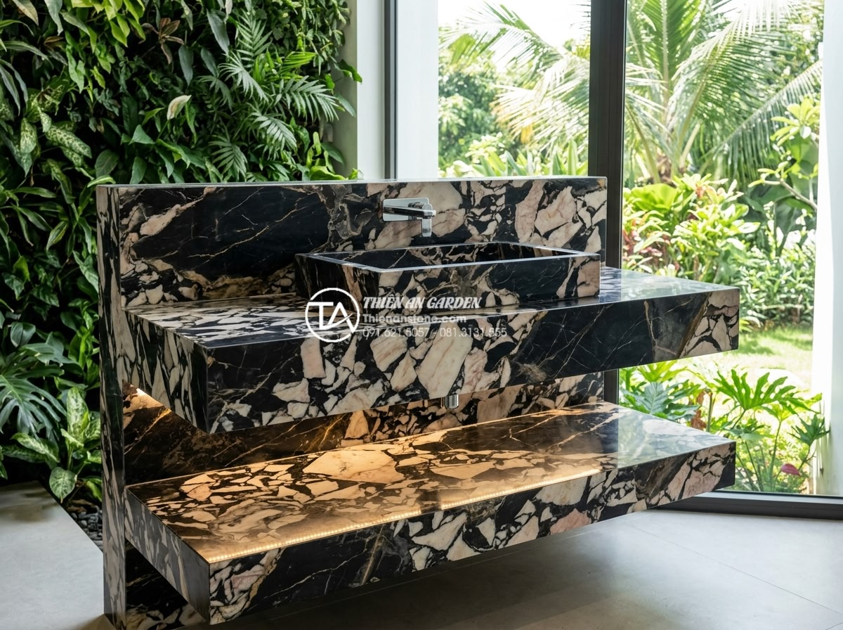 Bàn Đá Lavabo 2 Tầng: Giải Pháp Tối Ưu Diện Tích Và Thẩm Mỹ Cho Phòng Tắm - Futuristic yet natural two-tier stone lavabo vanity in a 2026 bathroom trend set