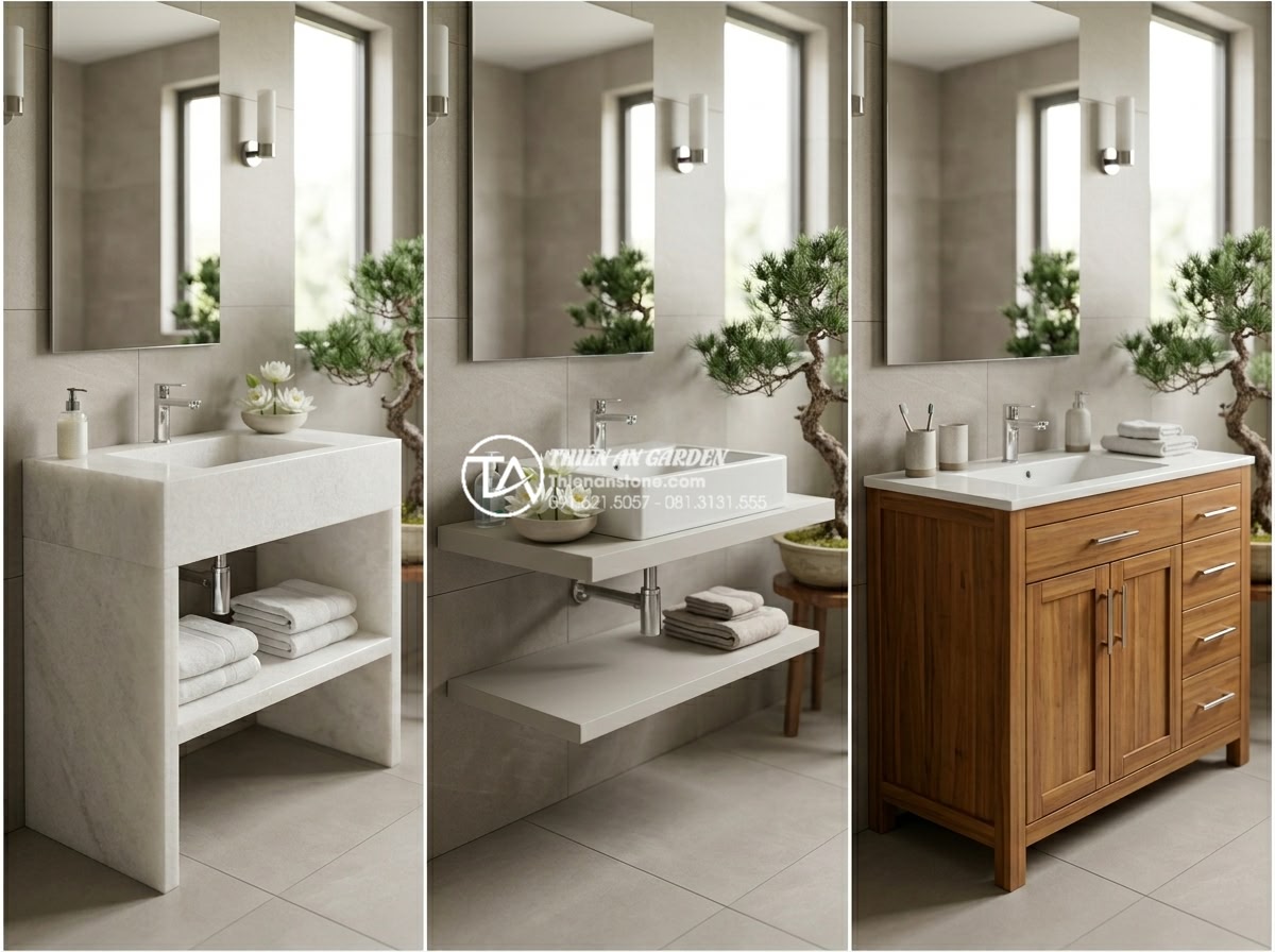 Bàn Đá Lavabo 2 Tầng: Giải Pháp Tối Ưu Diện Tích Và Thẩm Mỹ Cho Phòng Tắm - Comparison collage image showing side-by-side views of different bathroom vaniti