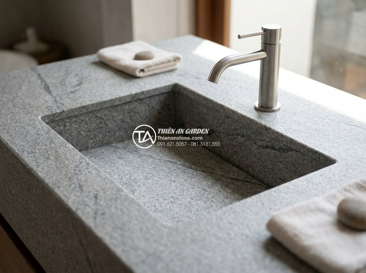 Bàn Đá Lavabo Âm Bàn: Cách Lắp Đặt Và 10 Mẫu Đẹp Tối Giản Cho Spa, Khách Sạn - High-resolution close-up of a minimalist undermount stone lavabo sink integrated