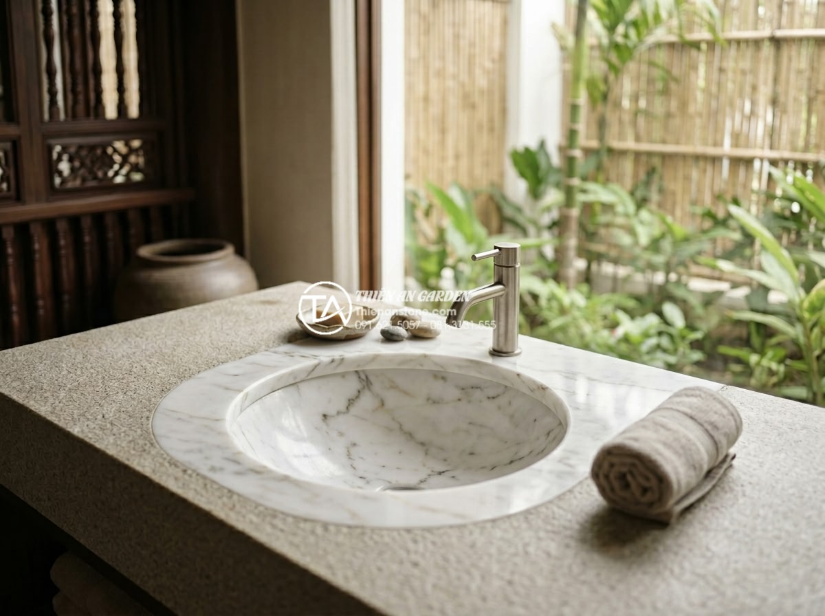 Bàn Đá Lavabo Âm Bàn: Cách Lắp Đặt Và 10 Mẫu Đẹp Tối Giản Cho Spa, Khách Sạn - Minimalist white marble undermount round lavabo sink on elegant spa countertop w