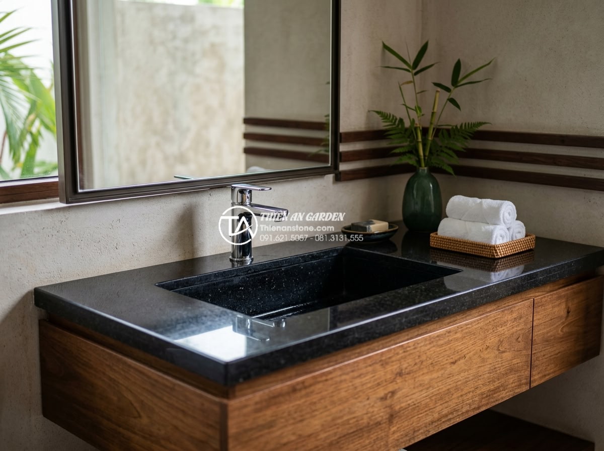 Bàn Đá Lavabo Âm Bàn: Cách Lắp Đặt Và 10 Mẫu Đẹp Tối Giản Cho Spa, Khách Sạn - Black granite rectangular undermount lavabo on sleek hotel vanity with chrome fi
