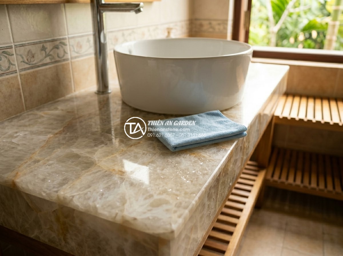 Bàn Đá Lavabo Âm Bàn: Cách Lắp Đặt Và 10 Mẫu Đẹp Tối Giản Cho Spa, Khách Sạn - Maintenance guide visuals showing proper cleaning of stone lavabo countertop wit