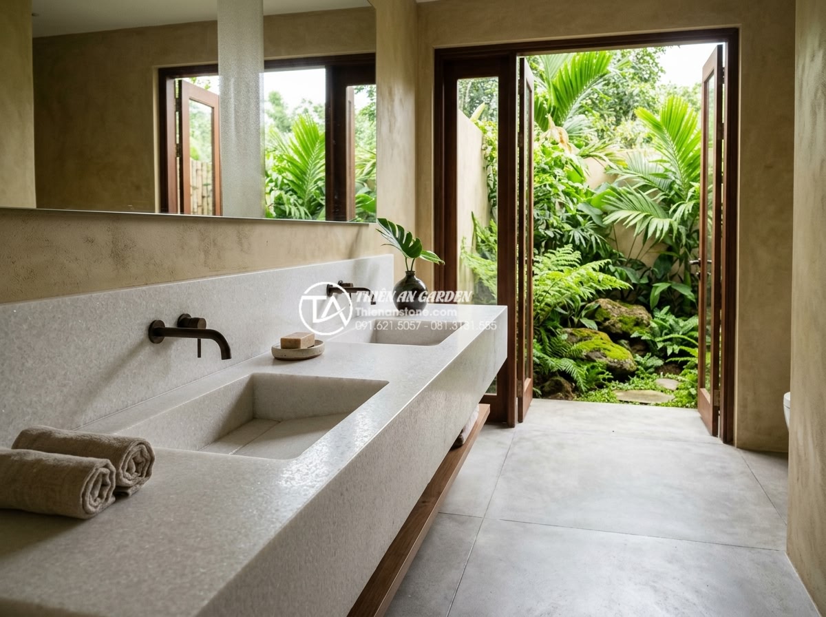 Bàn Đá Lavabo Âm Bàn: Cách Lắp Đặt Và 10 Mẫu Đẹp Tối Giản Cho Spa, Khách Sạn - Wide view of integrated natural stone vanity in resort villa bathroom featuring 