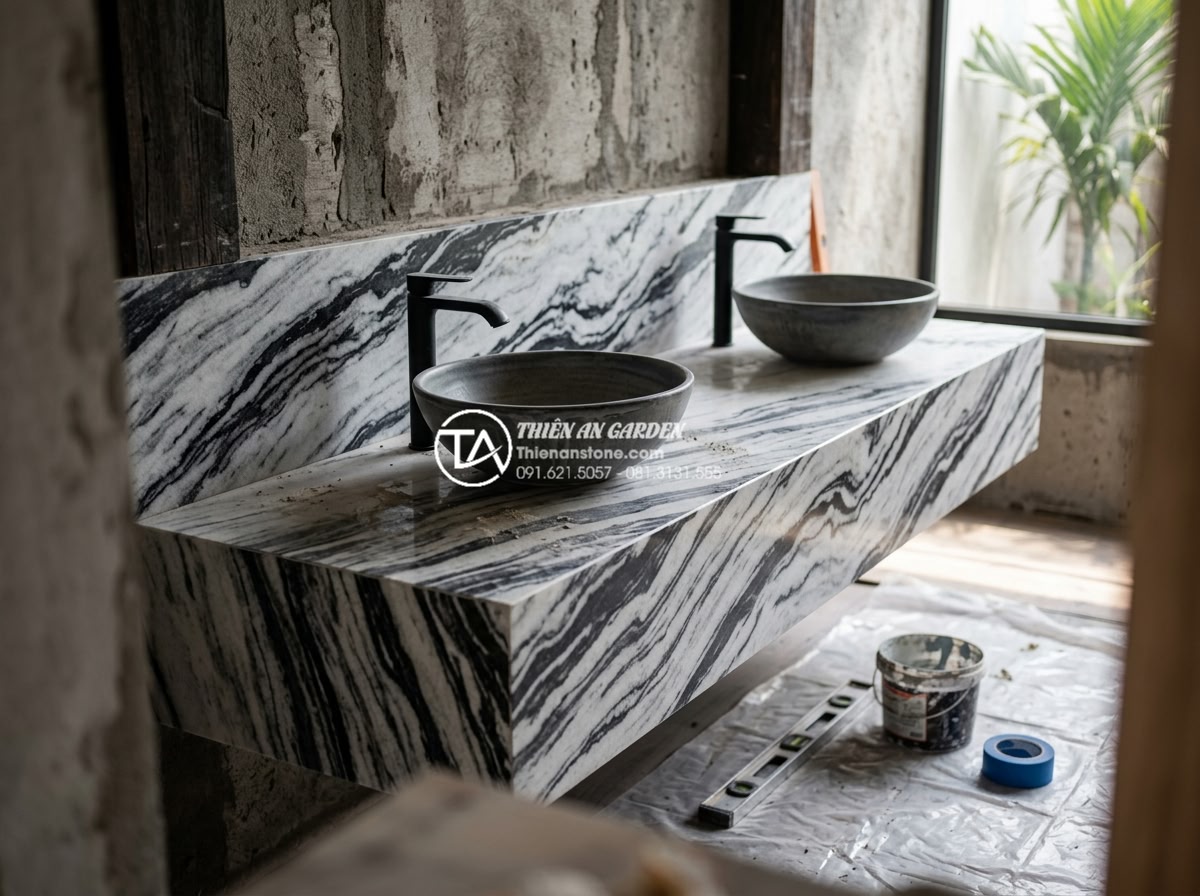 Bàn Đá Lavabo Âm Bàn: Cách Lắp Đặt Và 10 Mẫu Đẹp Tối Giản Cho Spa, Khách Sạn - Professional team from Da Canh Thien An installing custom stone lavabo counterto