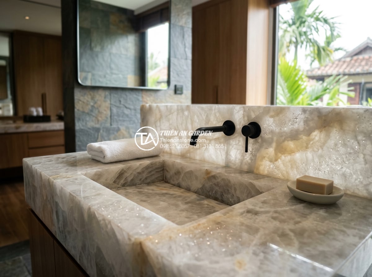 Bàn Đá Lavabo Âm Bàn: Cách Lắp Đặt Và 10 Mẫu Đẹp Tối Giản Cho Spa, Khách Sạn - Final elegant completed minimalist stone lavabo sink installation in high-end ho