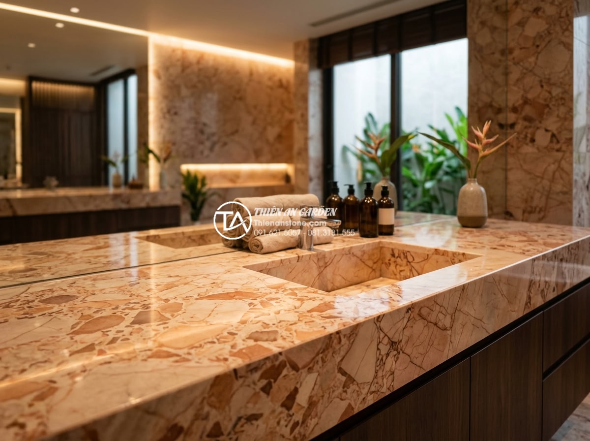Bàn Đá Lavabo Âm Bàn: Cách Lắp Đặt Và 10 Mẫu Đẹp Tối Giản Cho Spa, Khách Sạn - Luxurious spa interior featuring a sleek undermount stone lavabo on a wide count