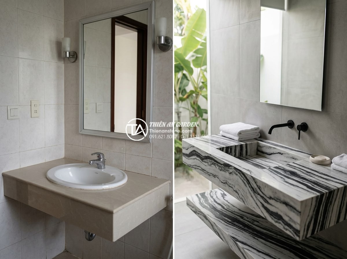 Bàn Đá Lavabo Âm Bàn: Cách Lắp Đặt Và 10 Mẫu Đẹp Tối Giản Cho Spa, Khách Sạn - Before and after comparison photo of a clean minimalist hotel bathroom with inte