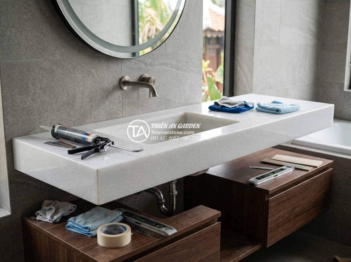 Bàn Đá Lavabo Âm Bàn: Cách Lắp Đặt Và 10 Mẫu Đẹp Tối Giản Cho Spa, Khách Sạn - Professional technician installing a stone countertop with integrated lavabo âm 