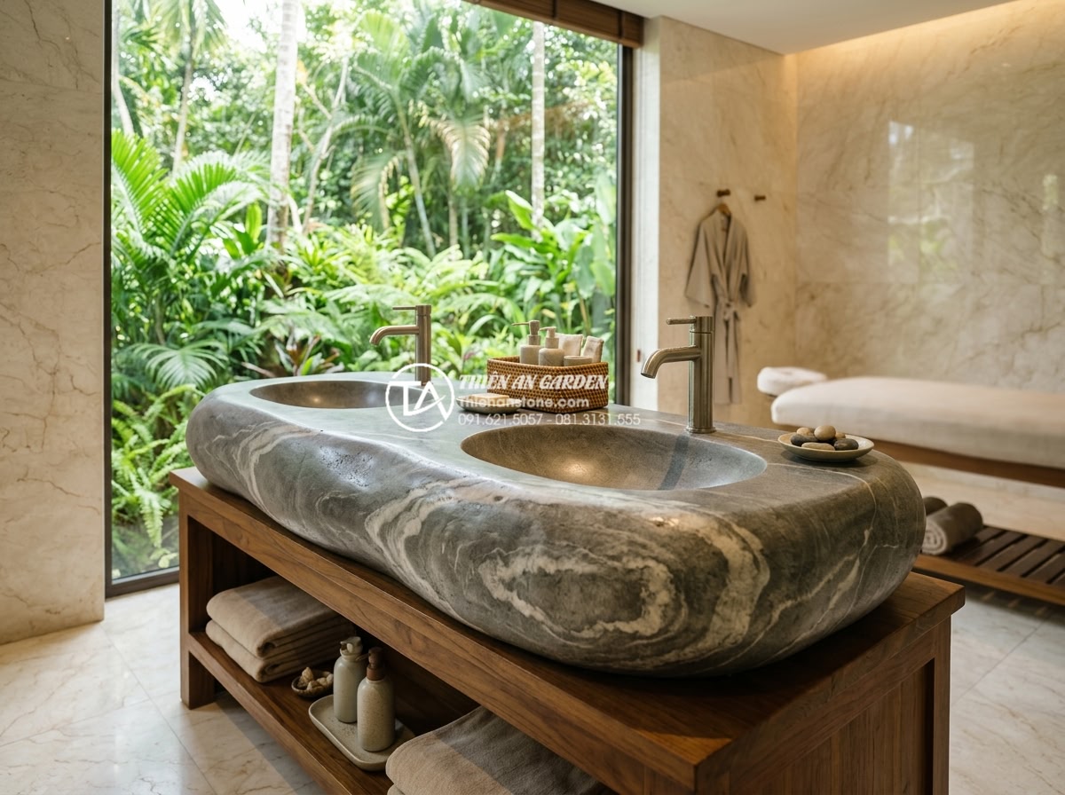 Bàn Đá Lavabo Cao Cấp - Lựa Chọn Hàng Đầu Cho Biệt Thự Và Resort - Elegant natural stone lavabo sink in a high-end resort spa treatment room, featu