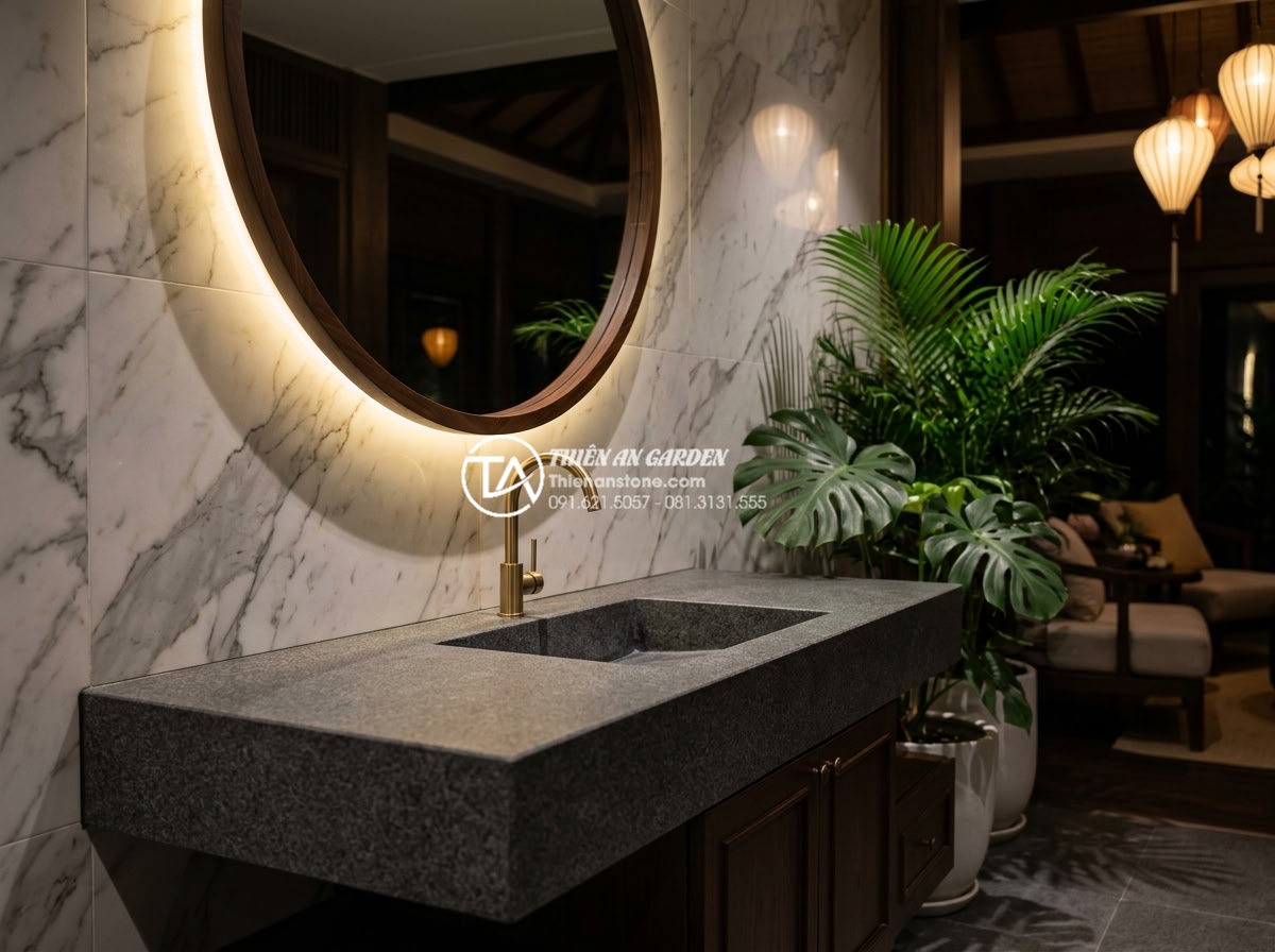 Bàn Đá Lavabo Cao Cấp - Lựa Chọn Hàng Đầu Cho Biệt Thự Và Resort - Stunning backlit green onyx natural stone lavabo vanity in a luxury resort spa r