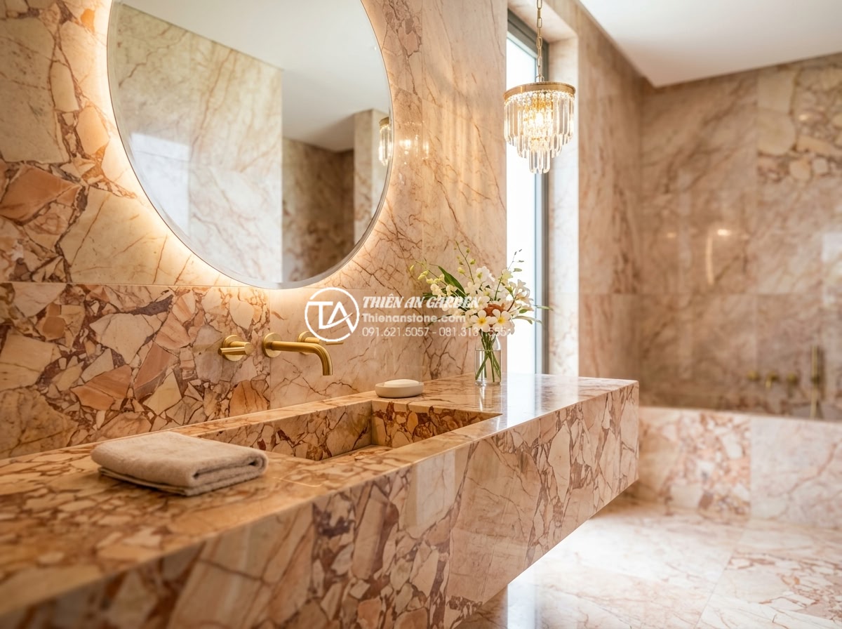 Bàn Đá Lavabo Cao Cấp - Lựa Chọn Hàng Đầu Cho Biệt Thự Và Resort - Beautiful custom natural stone lavabo vanity in a luxurious powder room of a hig