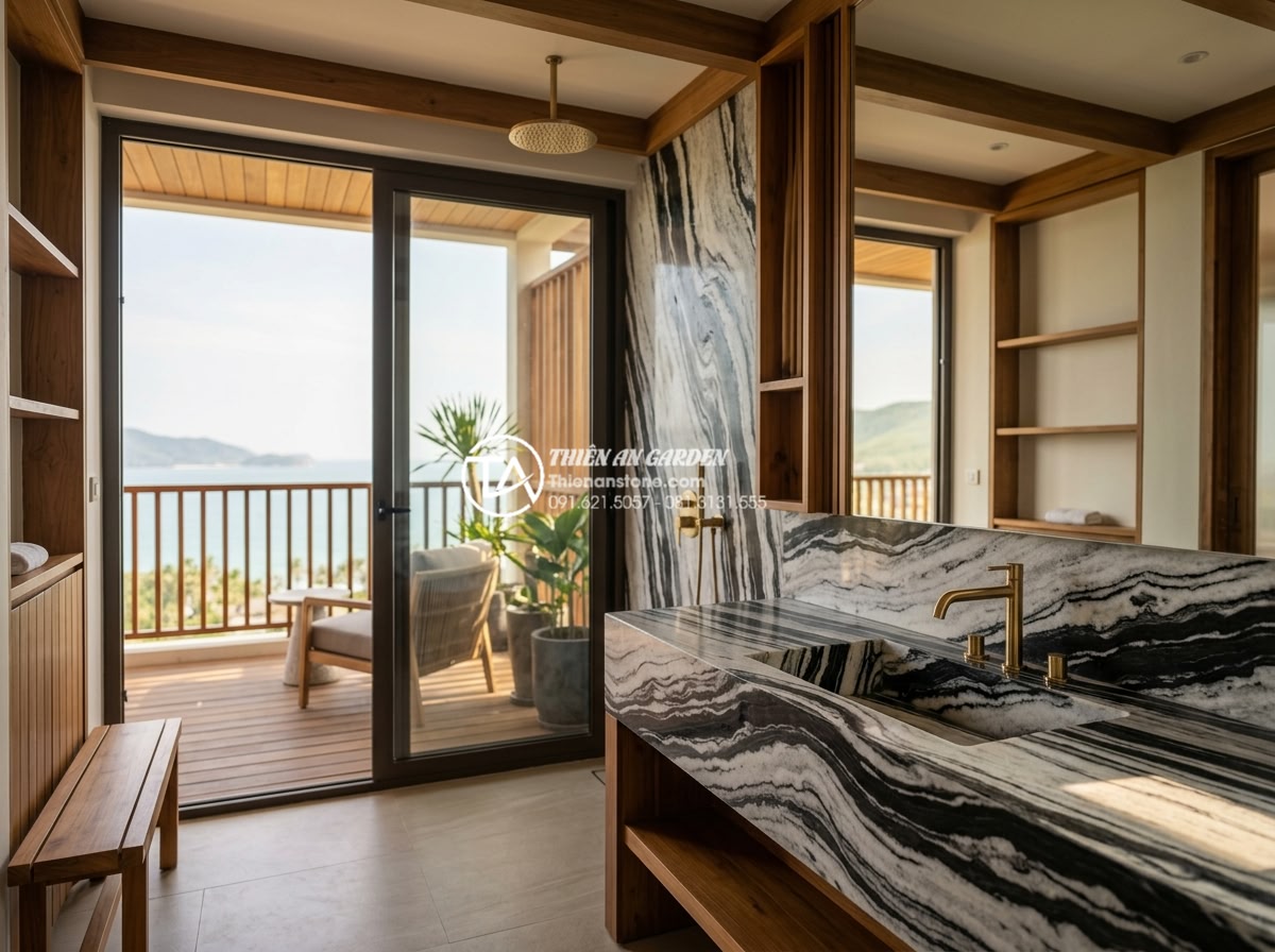 Bàn Đá Lavabo Cao Cấp - Lựa Chọn Hàng Đầu Cho Biệt Thự Và Resort - Luxury resort villa private bathroom featuring custom natural travertine stone l