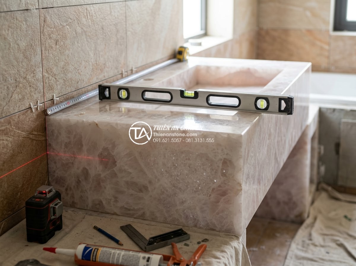 Bàn Đá Lavabo Cao Cấp - Lựa Chọn Hàng Đầu Cho Biệt Thự Và Resort - Professional team of stone installation experts carefully installing a large cus