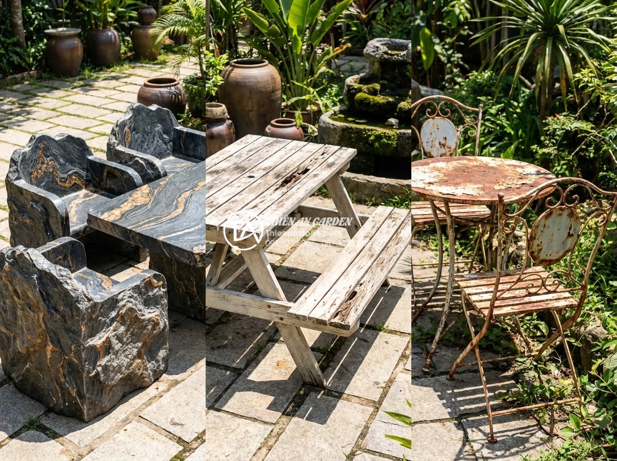 Bàn ghế đá tự nhiên giá dưới 10 triệu: Những mẫu đáng mua nhất hiện nay - Hình 2 Bàn ghế đá tự nhiên giá dưới 10 triệu: Những mẫu đáng mua nhất hiện nay - Side-by-side comparison of outdoor furniture showing a luxurious polished granit