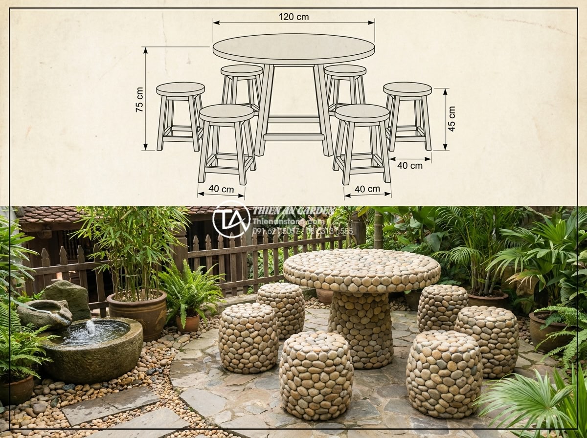 Bàn ghế đá tự nhiên giá dưới 10 triệu: Những mẫu đáng mua nhất hiện nay - Hình 6 Bàn ghế đá tự nhiên giá dưới 10 triệu: Những mẫu đáng mua nhất hiện nay - Technical diagram and real-life photo showing standard dimensions of natural sto