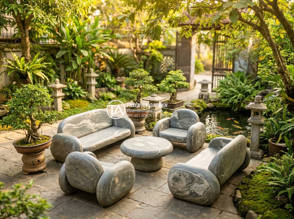 Bàn ghế đá tự nhiên hợp mệnh Thổ: Tăng cường vượng khí cho gia chủ - Hình 1 Bàn ghế đá tự nhiên hợp mệnh Thổ: Tăng cường vượng khí cho gia chủ - High resolution realistic photograph of a traditional Vietnamese courtyard garde