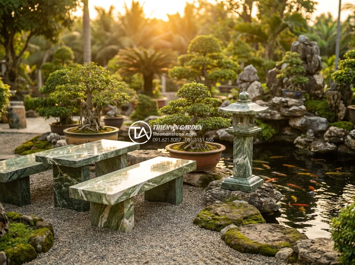 Bàn ghế đá tự nhiên hợp mệnh Thổ: Tăng cường vượng khí cho gia chủ - Hình 7 Bàn ghế đá tự nhiên hợp mệnh Thổ: Tăng cường vượng khí cho gia chủ - Professional wide shot of a perfectly balanced Vietnamese garden design with nat