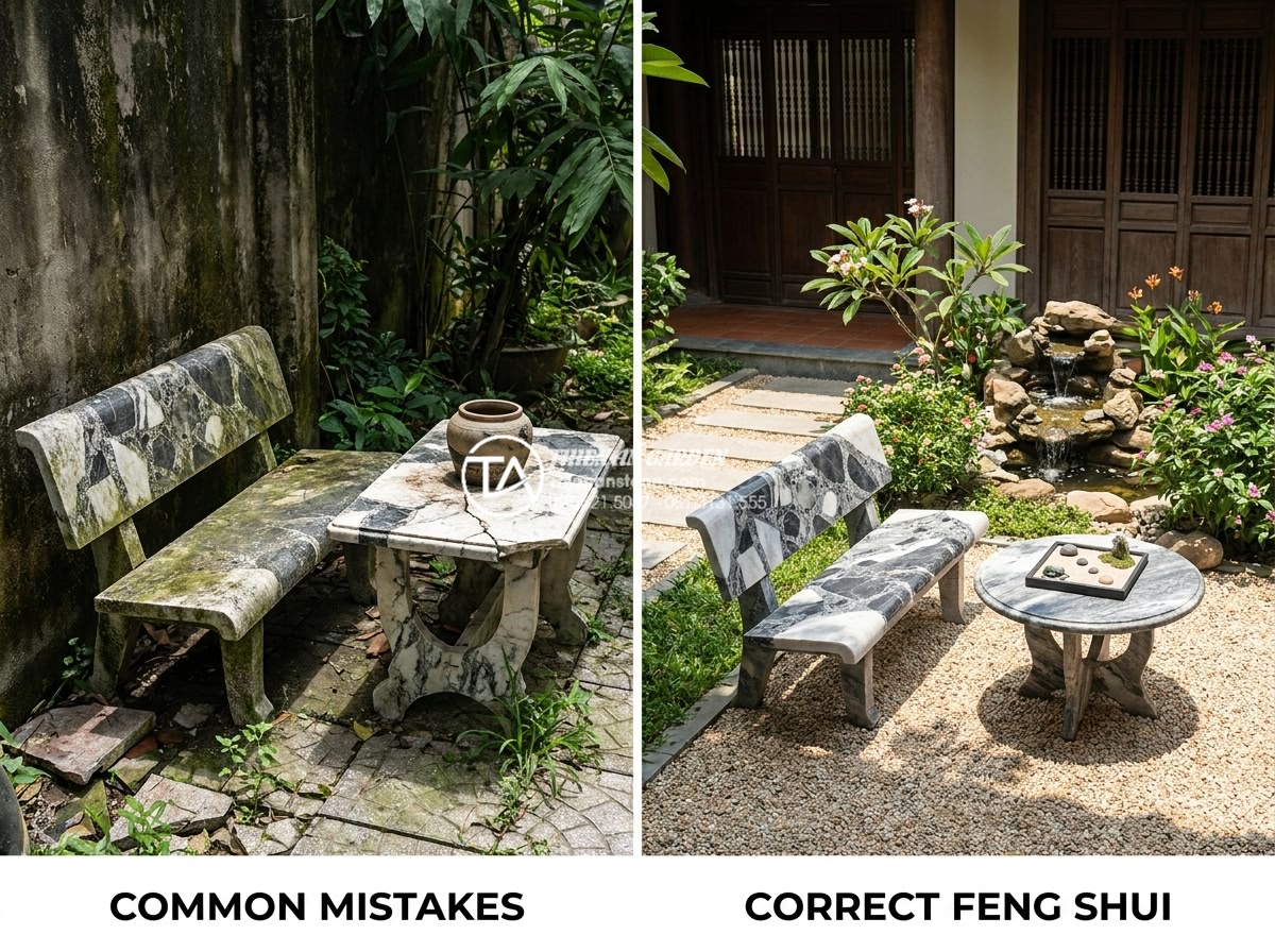 Bàn ghế đá tự nhiên hợp mệnh Thổ: Tăng cường vượng khí cho gia chủ - Hình 8 Bàn ghế đá tự nhiên hợp mệnh Thổ: Tăng cường vượng khí cho gia chủ - Educational comparison style realistic image showing common mistakes in natural
