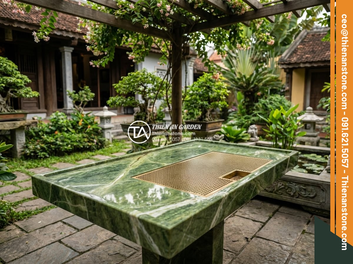 Bàn trà bằng đá tự nhiên: Xu hướng kiến trúc sân vườn đẳng cấp 2026 - Hình 3 Bàn trà bằng đá tự nhiên: Xu hướng kiến trúc sân vườn đẳng cấp 2026 - High resolution comparison collage of different natural stone tea tables 2026 tr