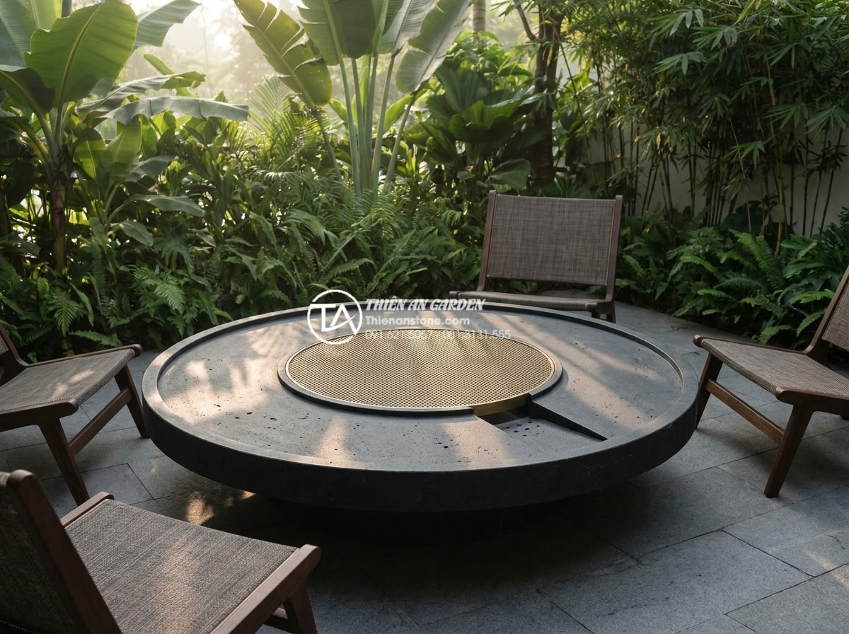 Bàn trà đá bazan (đá đen): Sự lựa chọn tối giản cho không gian hiện đại - High-resolution professional photograph of a large round black basalt stone tea