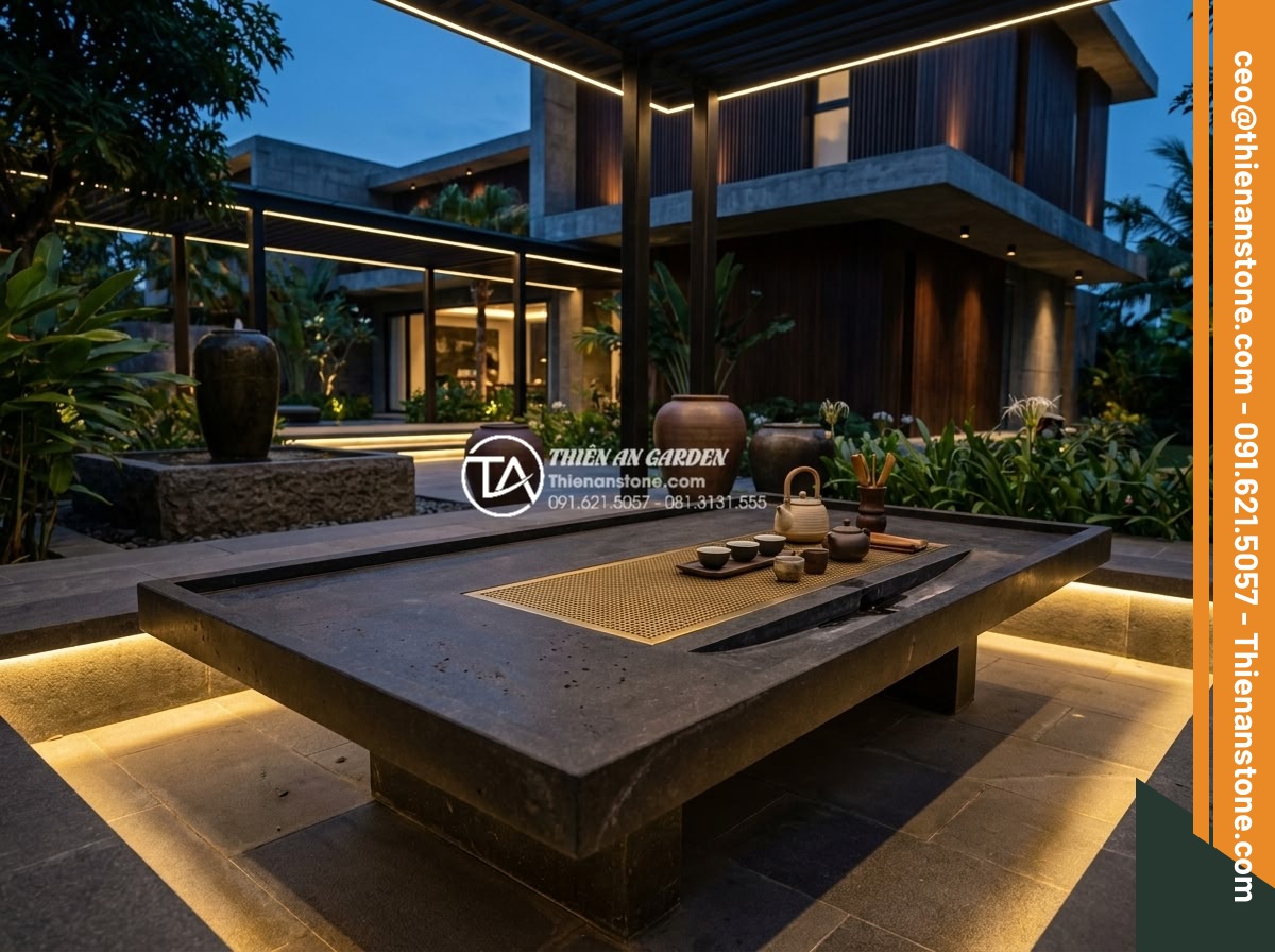Bàn trà đá bazan (đá đen): Sự lựa chọn tối giản cho không gian hiện đại - Hình 11 Bàn trà đá bazan (đá đen): Sự lựa chọn tối giản cho không gian hiện đại - Luxury black basalt stone tea table in a high-end private villa garden at dusk,
