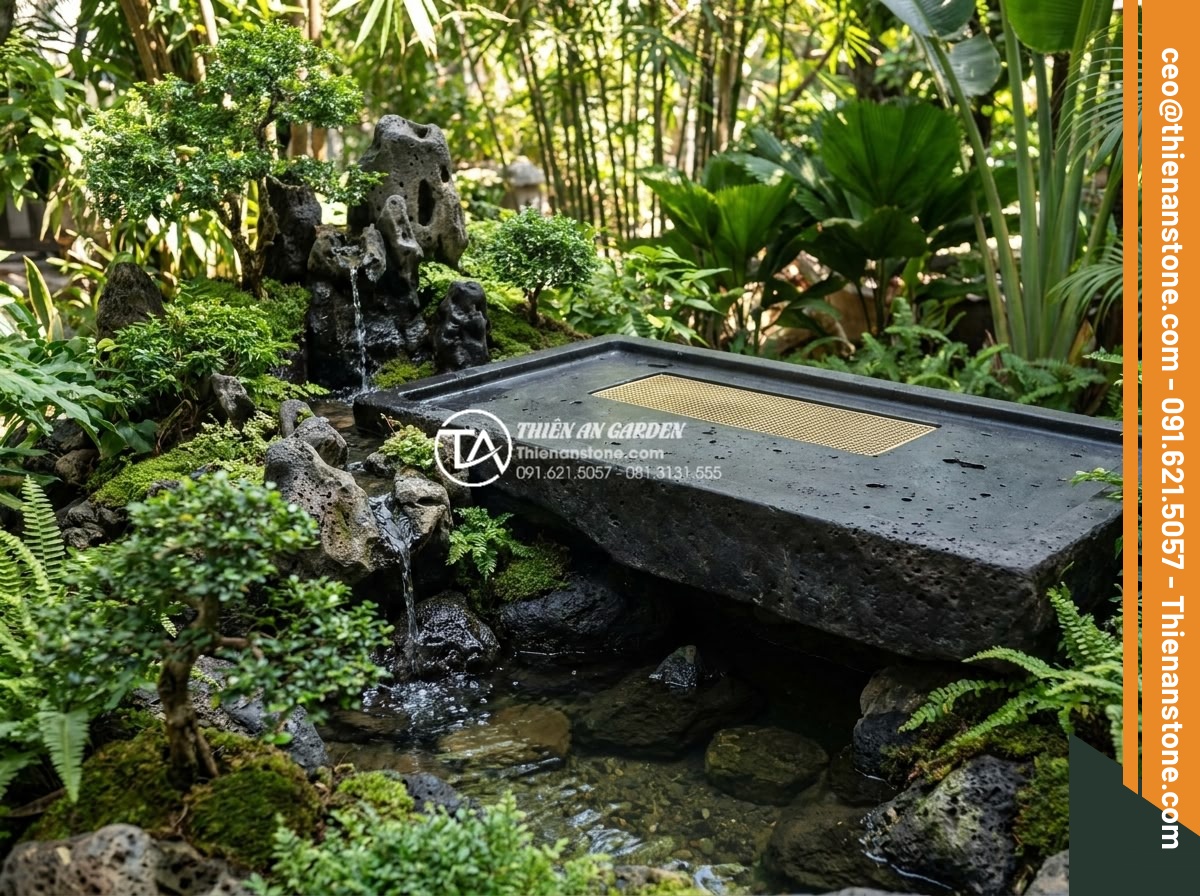 Bàn trà đá bazan (đá đen): Sự lựa chọn tối giản cho không gian hiện đại - Hình 14 Bàn trà đá bazan (đá đen): Sự lựa chọn tối giản cho không gian hiện đại - Elegant black basalt tea table integrated with a traditional Vietnamese non-bo r