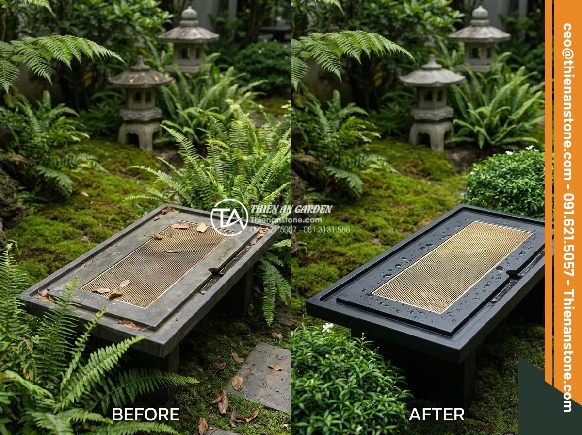 Bàn trà đá bazan (đá đen): Sự lựa chọn tối giản cho không gian hiện đại - Hình 18 Bàn trà đá bazan (đá đen): Sự lựa chọn tối giản cho không gian hiện đại - Before and after comparison of a well-maintained black basalt tea table looking