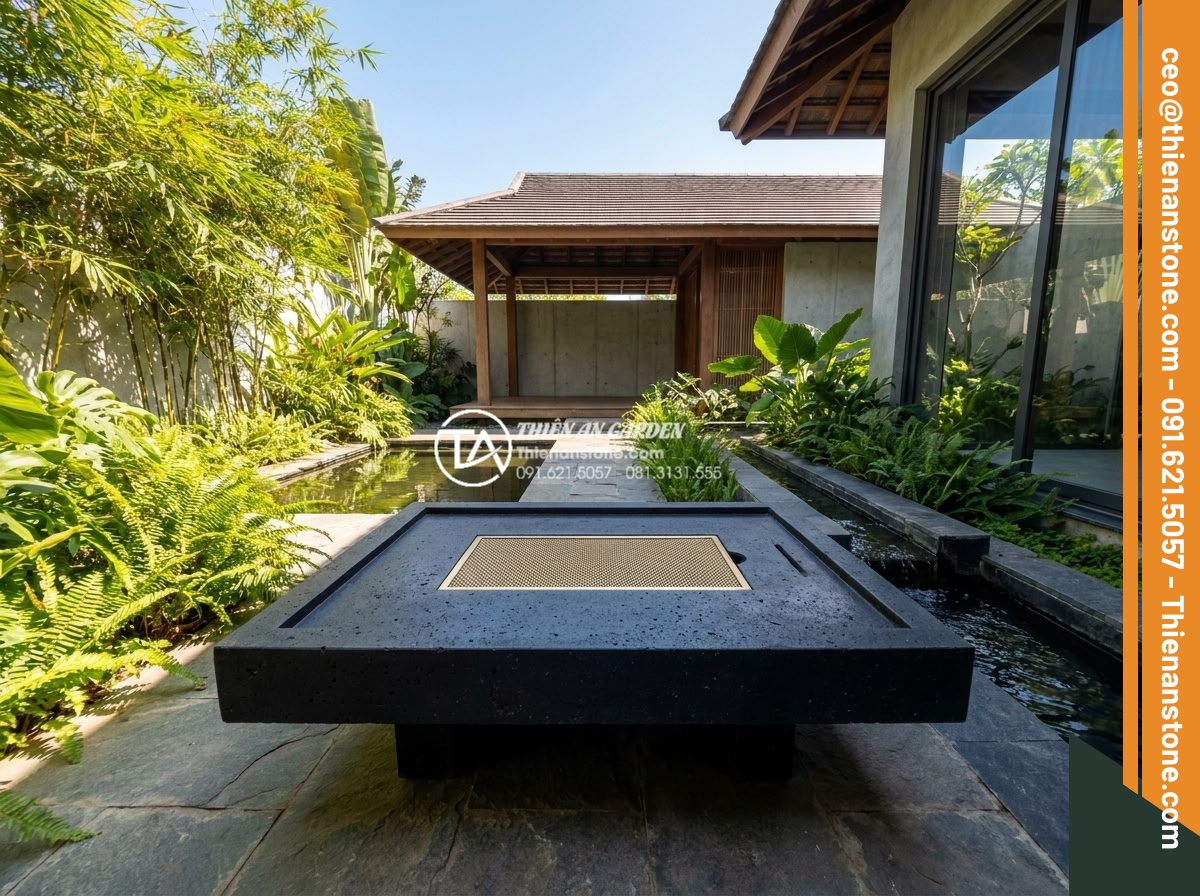 Bàn trà đá bazan (đá đen): Sự lựa chọn tối giản cho không gian hiện đại - Hình 20 Bàn trà đá bazan (đá đen): Sự lựa chọn tối giản cho không gian hiện đại - Inspiring wide view of a contemporary Vietnamese garden featuring a prominent bl