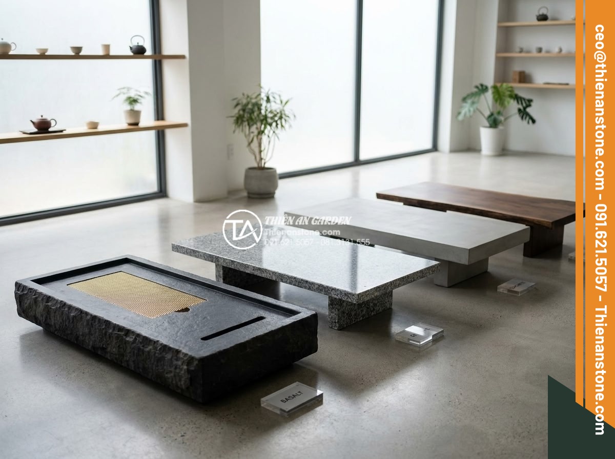 Bàn trà đá bazan (đá đen): Sự lựa chọn tối giản cho không gian hiện đại - Hình 8 Bàn trà đá bazan (đá đen): Sự lựa chọn tối giản cho không gian hiện đại - Professional comparison photograph of four different tea tables side by side: bl