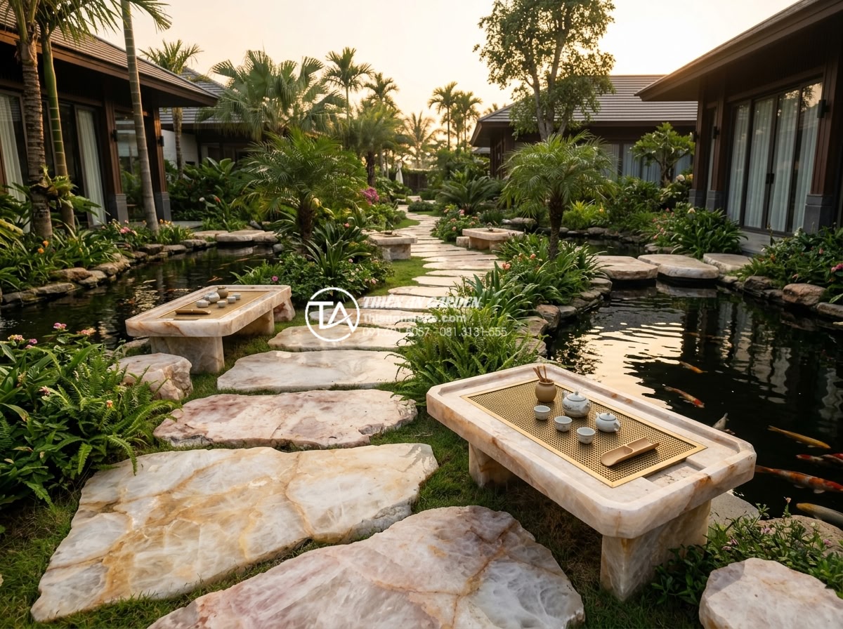 Bàn trà đá dặm bước: Ứng dụng sáng tạo cho lối đi sân vườn - Hình 3 Bàn trà đá dặm bước: Ứng dụng sáng tạo cho lối đi sân vườn - Wide angle photorealistic image of a luxury resort garden in Vietnam featuring c