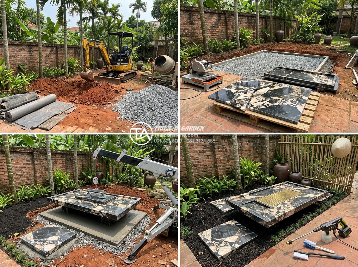 Bàn trà đá dặm bước: Ứng dụng sáng tạo cho lối đi sân vườn - Hình 5 Bàn trà đá dặm bước: Ứng dụng sáng tạo cho lối đi sân vườn - Step-by-step photorealistic construction process image showing professional work