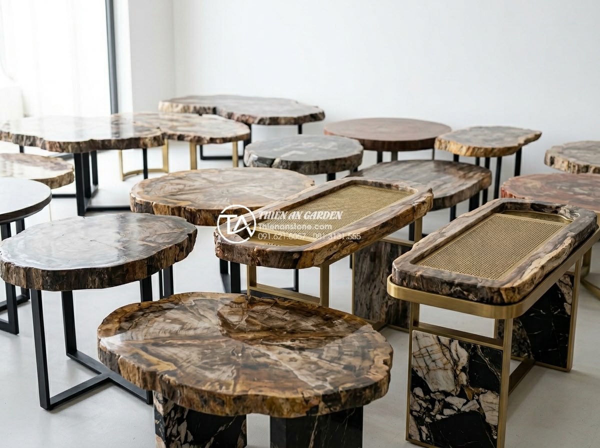 Bàn trà đá hóa thạch (Gỗ hóa đá): Món đồ nội thất xa xỉ cho giới thượng lưu - Professional product photography of multiple premium petrified wood tea tables a