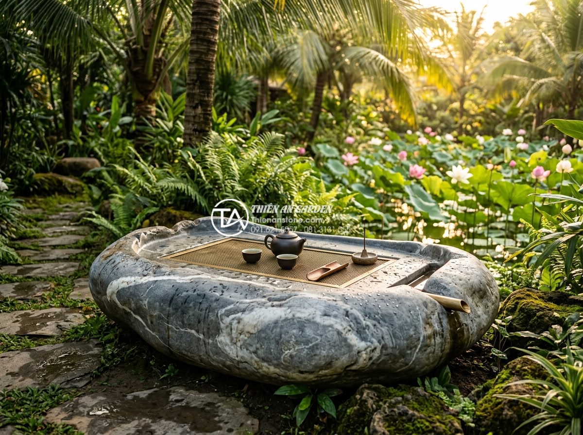 Bàn trà đá lũa: Sự kết hợp độc đáo giữa tạo hóa và bàn tay nghệ nhân - High-resolution photograph of a large natural lava stone tea table in a lush Vie