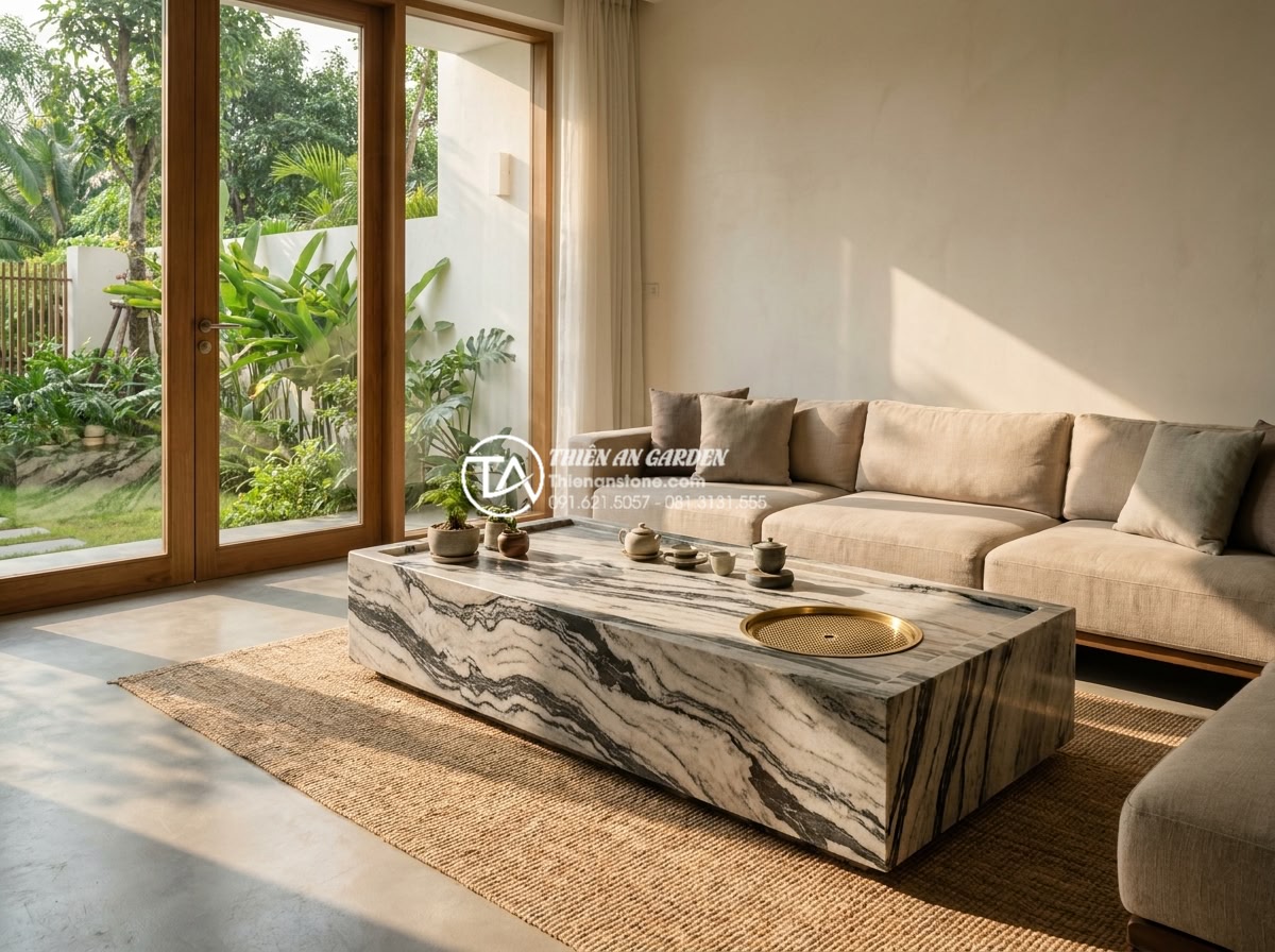 Bàn trà đá tuyết sơn nguyên khối: Vẻ đẹp độc bản từ những đường vân - Elegant minimalist living room scene featuring a custom monolithic snow mountain