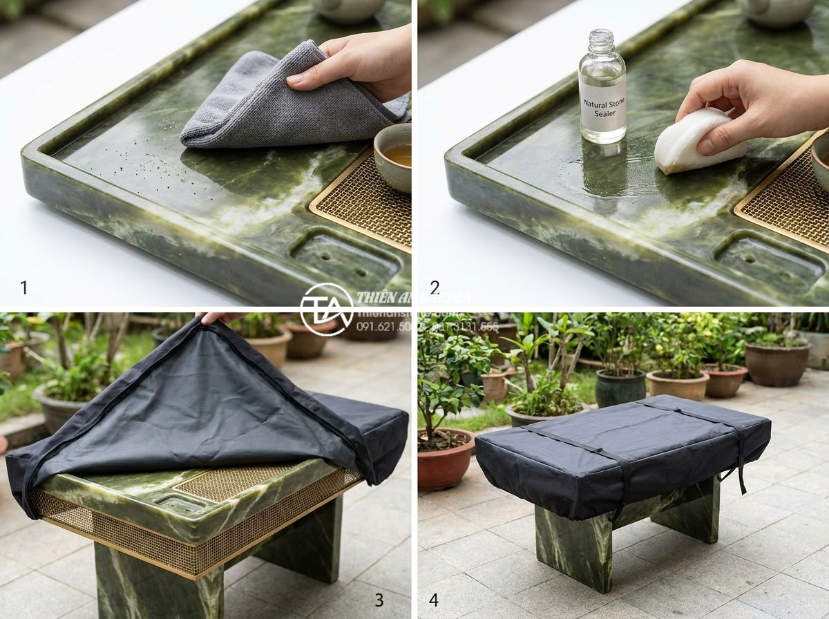Bàn trà đá tuyết sơn nguyên khối: Vẻ đẹp độc bản từ những đường vân - Step-by-step instructional photography showing proper cleaning and maintenance o