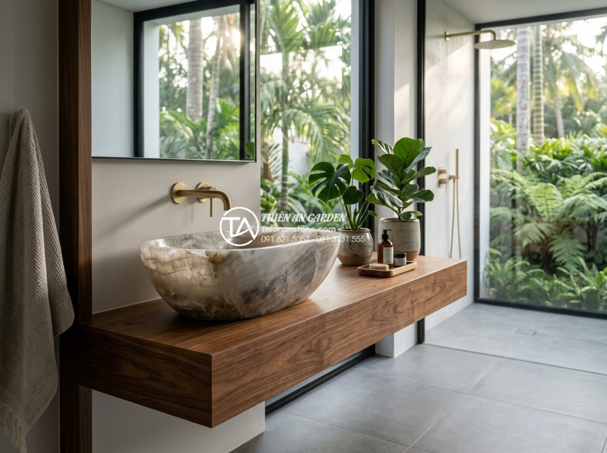 Bảng Báo Giá Lavabo Đá Tự Nhiên 2026 - Chiết Khấu Cao Cho Công Trình - Photorealistic professional image of a luxurious 2026 modern bathroom featuring 