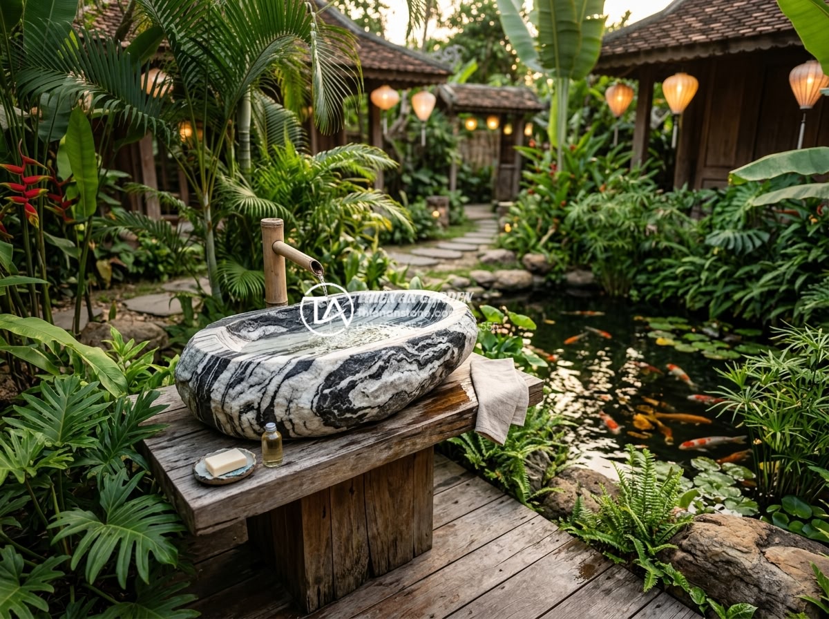 Bảng Báo Giá Lavabo Đá Tự Nhiên 2026 - Chiết Khấu Cao Cho Công Trình - Beautiful outdoor garden bathroom scene at a luxury resort featuring a large han