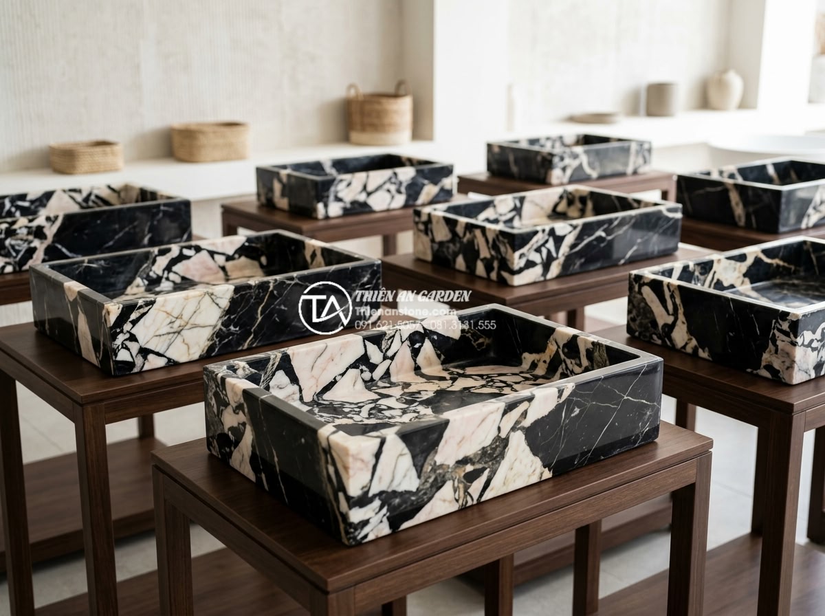 Bảng Báo Giá Lavabo Đá Tự Nhiên 2026 - Chiết Khấu Cao Cho Công Trình - Clean professional table-style image of natural stone lavabos with visible price