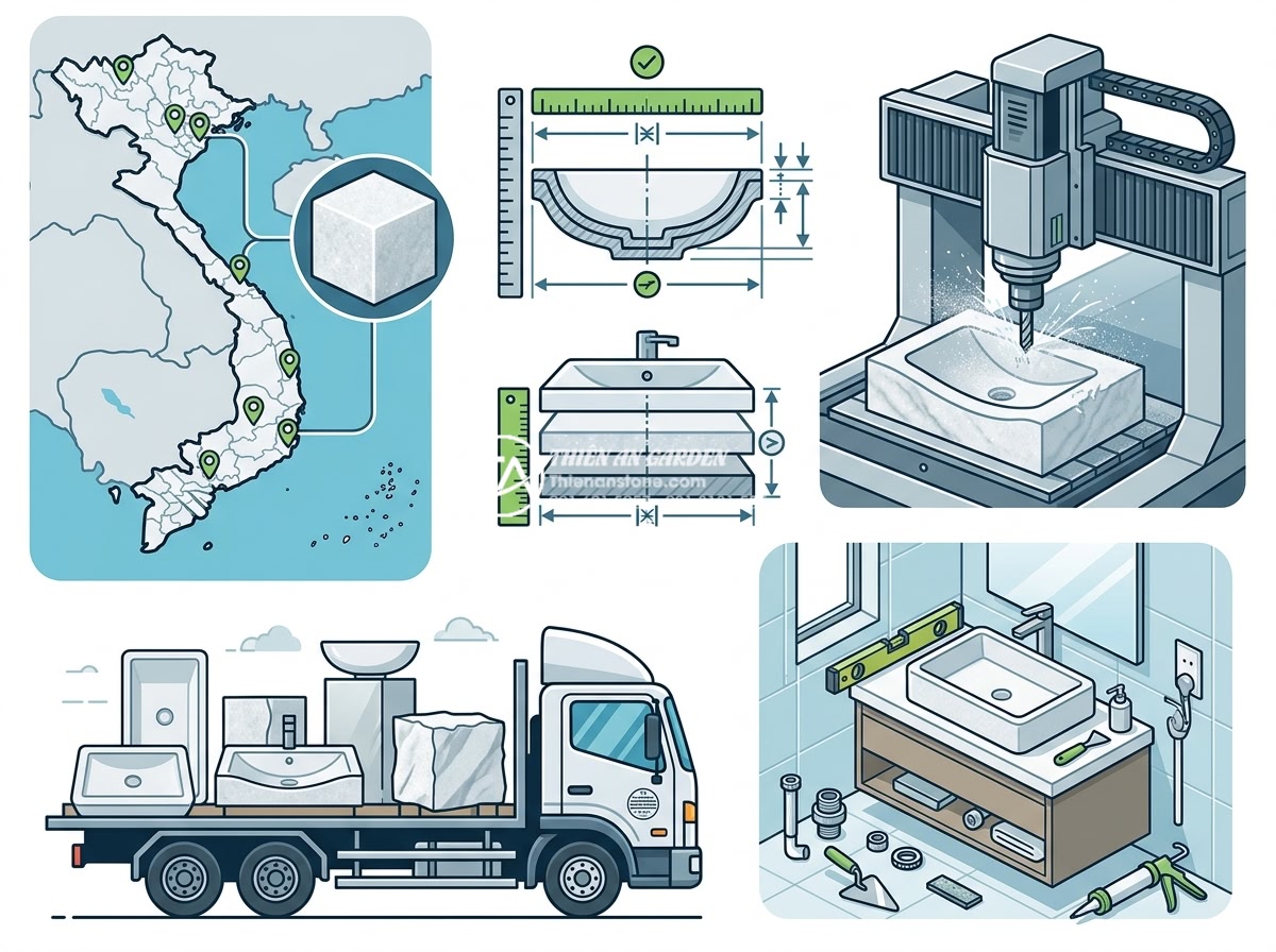 Bảng Báo Giá Lavabo Đá Tự Nhiên 2026 - Chiết Khấu Cao Cho Công Trình - Detailed infographic-style image showing factors affecting natural stone lavabo 