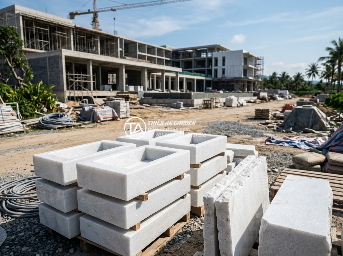Bảng Báo Giá Lavabo Đá Tự Nhiên 2026 - Chiết Khấu Cao Cho Công Trình - Professional corporate image of a large construction site with multiple natural 