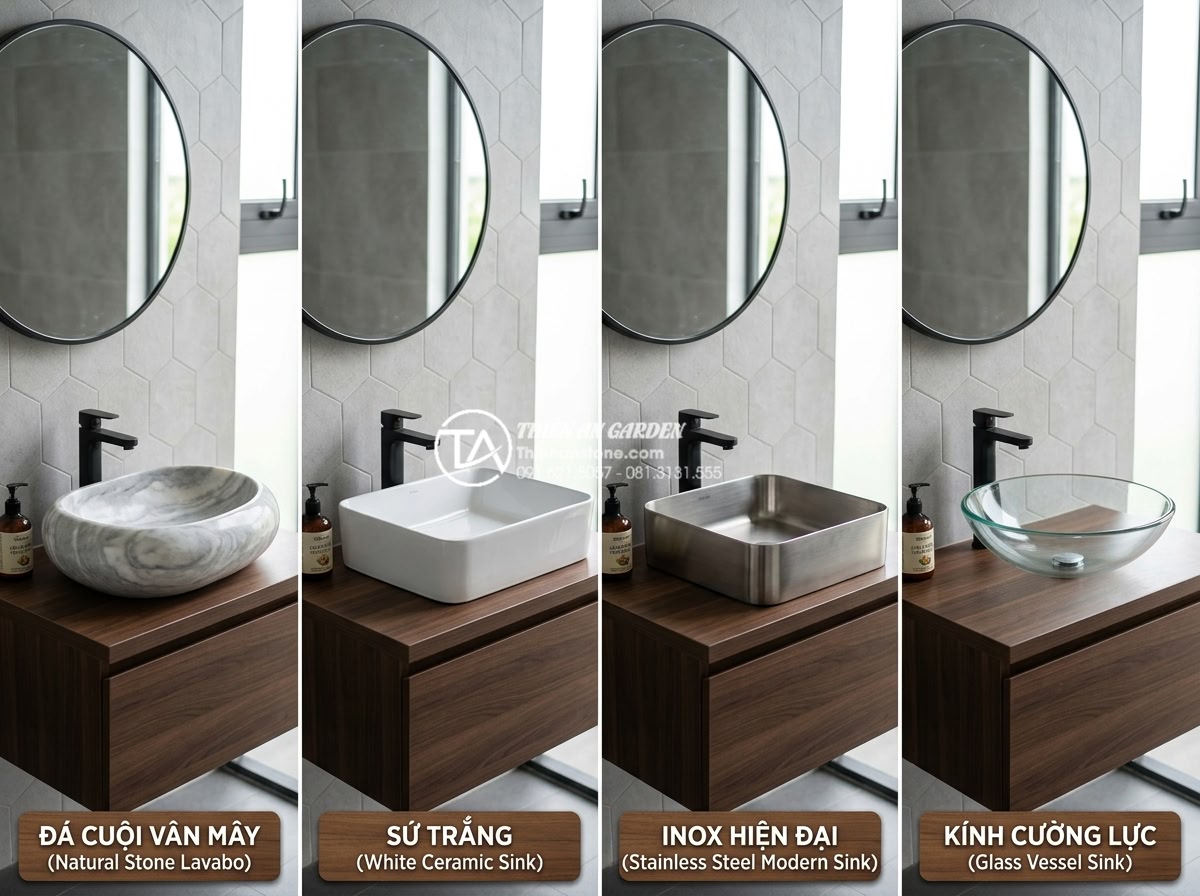 Bảng Báo Giá Lavabo Đá Tự Nhiên 2026 - Chiết Khấu Cao Cho Công Trình - Side-by-side comparison image of four bathroom sinks: natural stone lavabo, whit