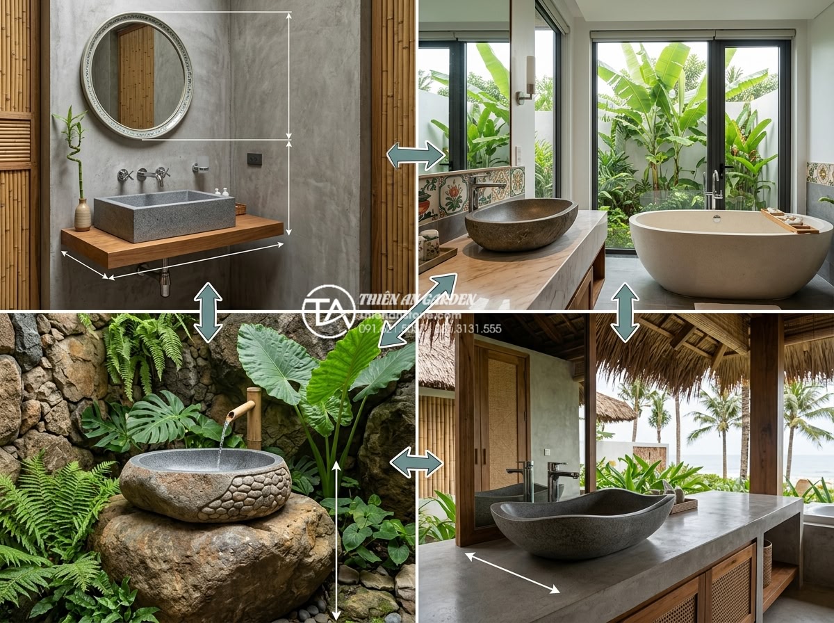 Bảng Báo Giá Lavabo Đá Tự Nhiên 2026 - Chiết Khấu Cao Cho Công Trình - Helpful guide image showing different natural stone lavabos installed in various