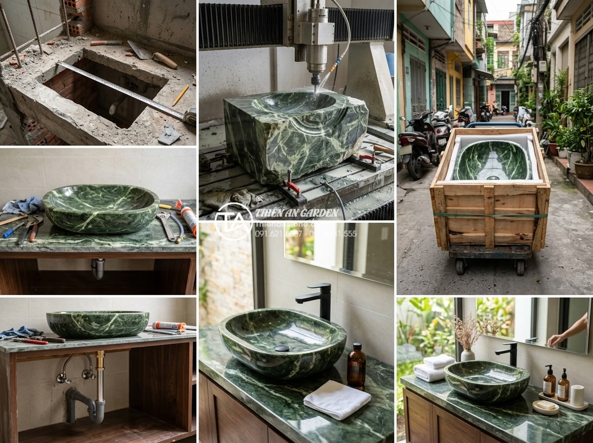 Bảng Báo Giá Lavabo Đá Tự Nhiên 2026 - Chiết Khấu Cao Cho Công Trình - Step-by-step documentary photography of professional natural stone lavabo instal