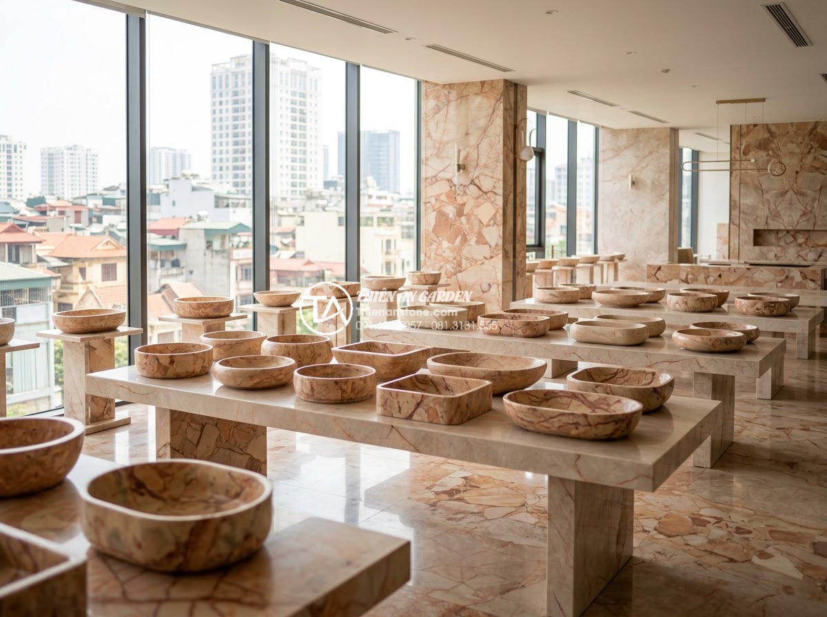 Bảng Báo Giá Lavabo Đá Tự Nhiên 2026 - Chiết Khấu Cao Cho Công Trình - Professional image of a spacious natural stone showroom in Hanoi with dozens of 