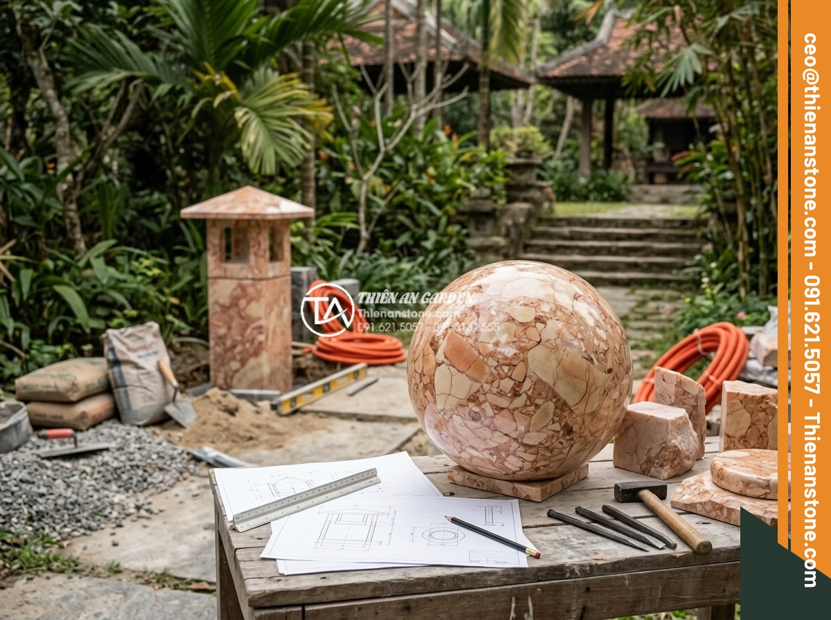 Báo giá đèn đá sân vườn mới nhất 2026: Chi phí thi công trọn gói - Professional team of stone craftsmen and engineers working on design and install